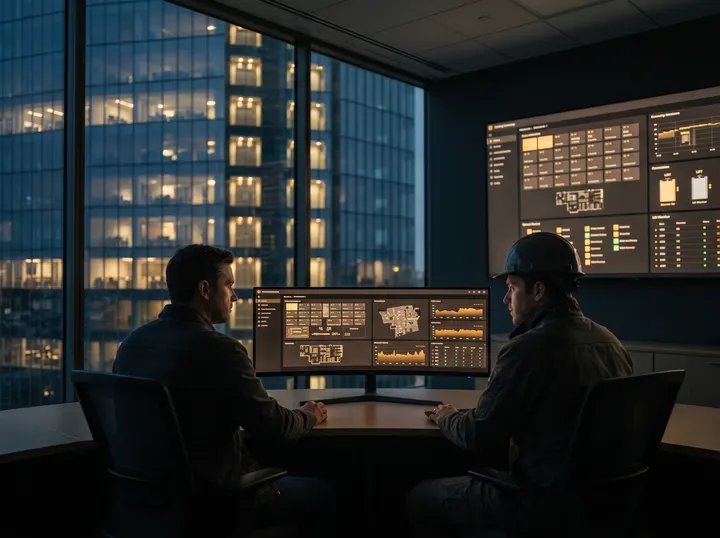 Facility manager and engineer monitoring a building management dashboard in a control room overlooking a lit office tower