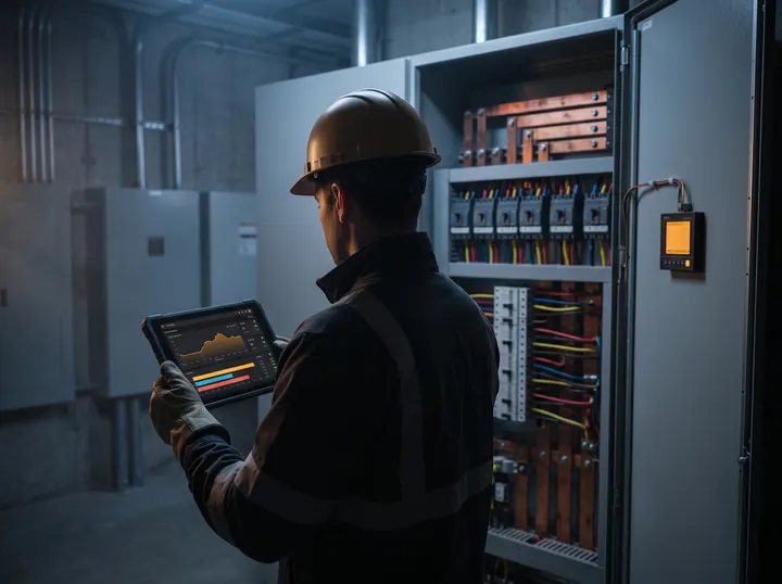 Electrical engineer in a hard hat checking a live energy dashboard on a tablet at an open low-voltage switchboard