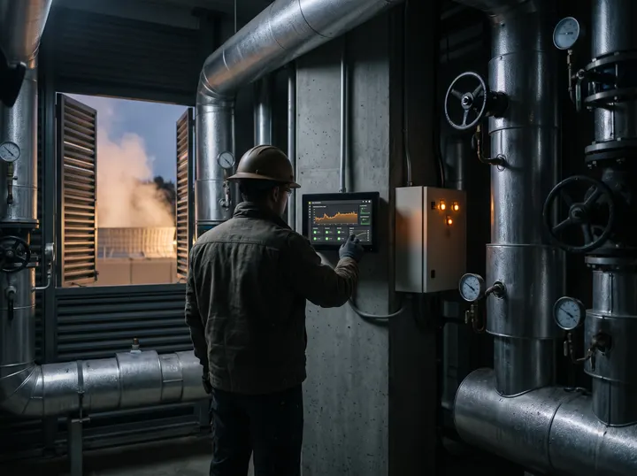 HVAC engineer using a wall-mounted touchscreen cooling dashboard in a chiller plant room, cooling tower visible outside