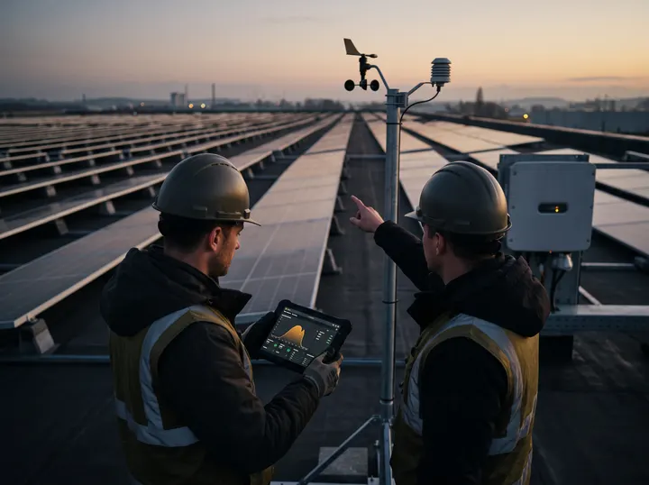 Two engineers on an industrial rooftop solar array at dusk reviewing a solar generation dashboard beside a weather station
